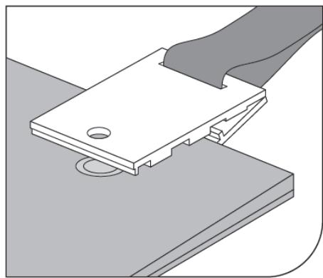Illustration of a mechanical clamp or bracket assembly with a handle and mounting base (no text or symbols)