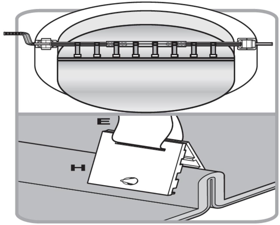 Technical diagram of a mechanical device with labeled components (E and H), showing internal structure and wiring (no text or symbols beyond labels)