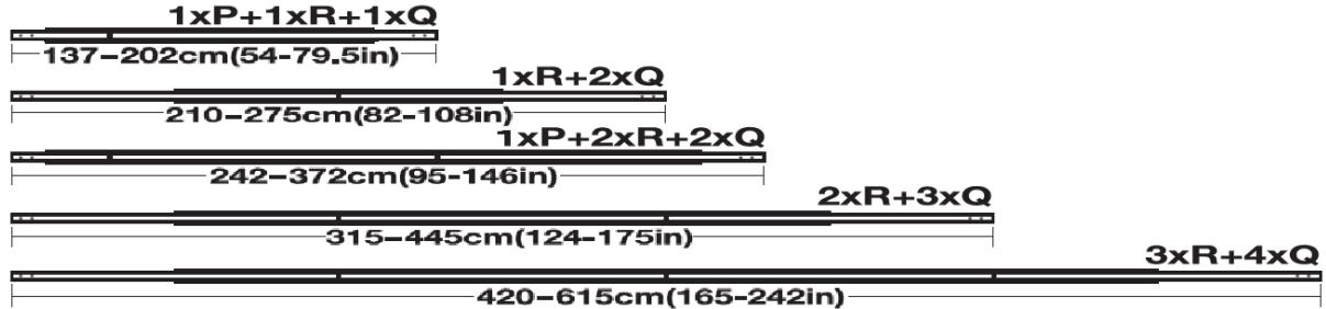 | Dimension | Value | |---|---| | 1xP+1xR+1xQ | 137-202cm(54-79.5in) | | 1xR+2xQ | 210-275cm(82-108in) | | 1xP+2xR+2xQ | 242-372cm(95-146in) | | 2xR+3xQ | 315-445cm(124-175in) | | 3xR+4xQ | 420-615cm(165-242in) |
