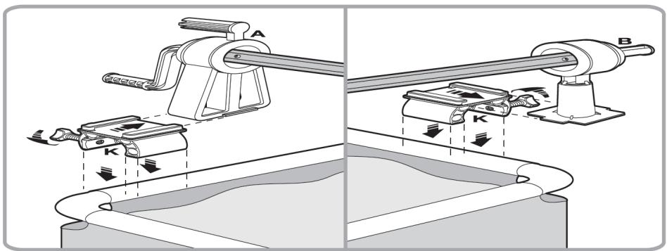 Technical diagram illustrating mechanical assembly with labeled components A and B, showing directional arrows and component movement.