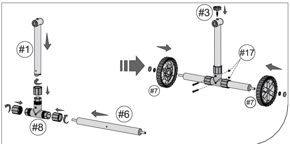 Diagram illustrating the assembly of a mechanical component with numbered parts and directional arrows indicating motion or assembly.