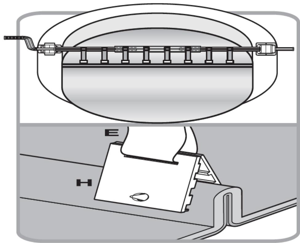 Technical diagram of a mechanical assembly with labeled parts E and H, showing internal components and connections (no text or symbols beyond labels)
