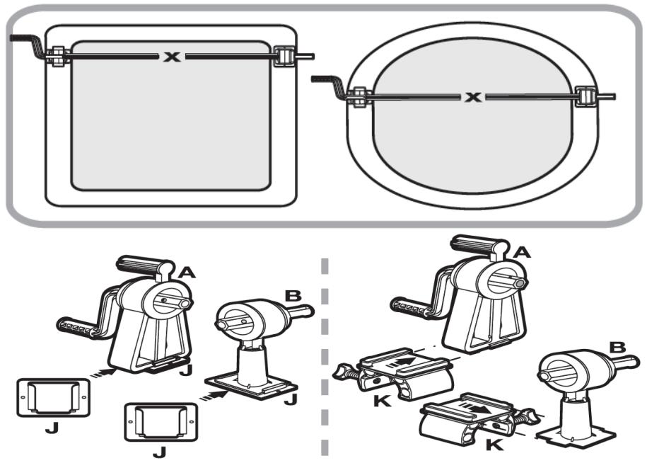 Technical diagram showing exploded and assembled views of a mechanical device with labeled components A, B, and J.