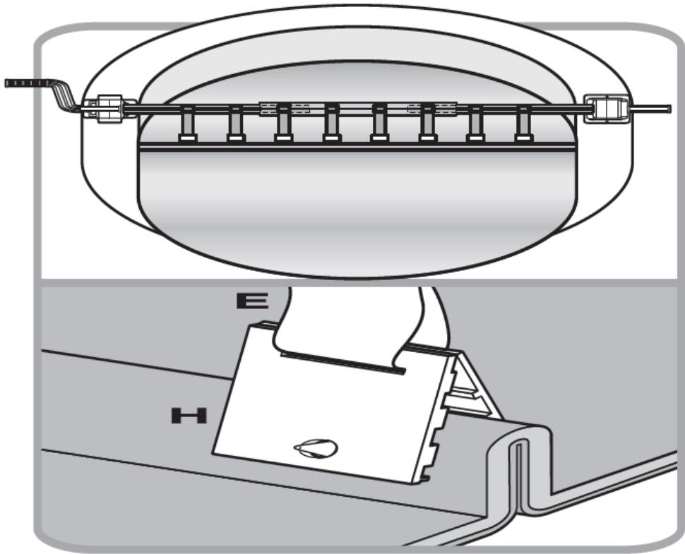Technical diagram of a mechanical assembly with labeled parts E and H, showing internal components and connections (no text or symbols beyond labels)