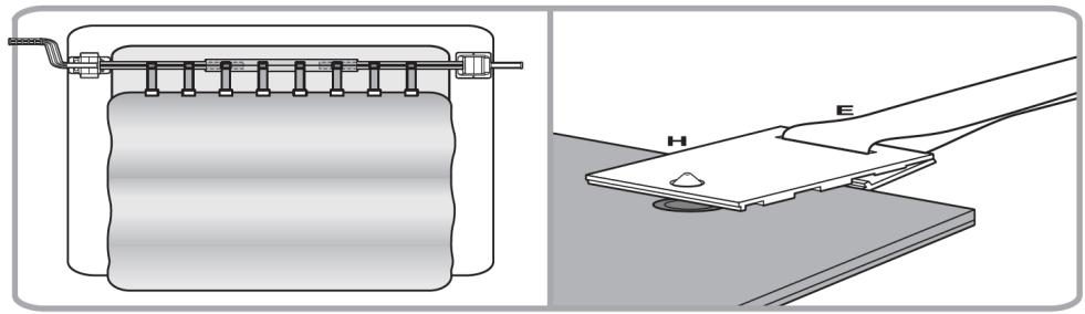 Technical diagram of a mechanical device with two views: top shows a cylindrical component with attached pins, bottom shows a flat plate with labeled parts H and E (no text or symbols beyond labels)