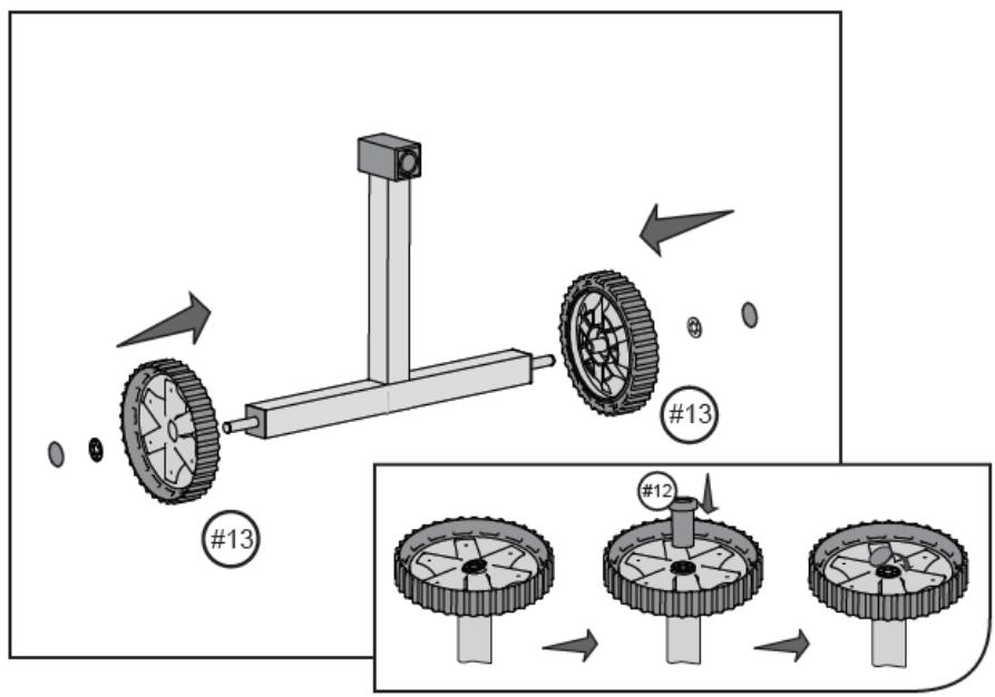 Technical diagram illustrating gear assembly with labeled components and directional arrows, including parts #12 and #13.