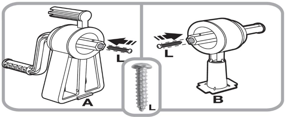 Technical diagram showing two types of hair feeders (A and B) with labeled parts and screw installation details.
