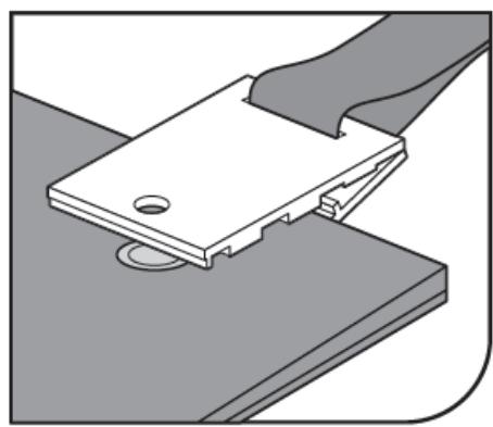 Diagram of a mechanical clamp or bracket assembly with a handle and mounting base (no text or symbols)