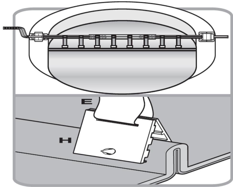 Technical diagram of a mechanical assembly with labeled parts E and H, showing internal components and connections (no text or symbols beyond labels)
