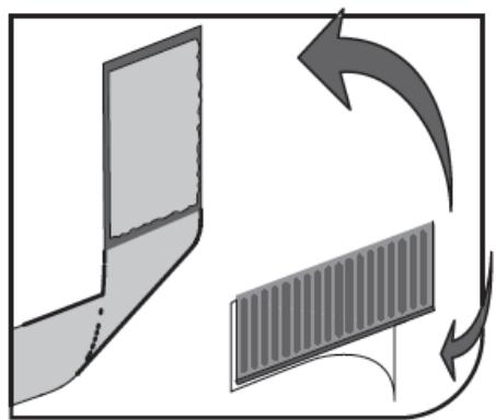 Diagram showing airflow or heat transfer between two panels, one with curved arrows indicating direction (no text or symbols)