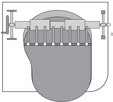 Pure mechanical diagram of a cylindrical device with attached clamps and tubing, no text or symbols present.