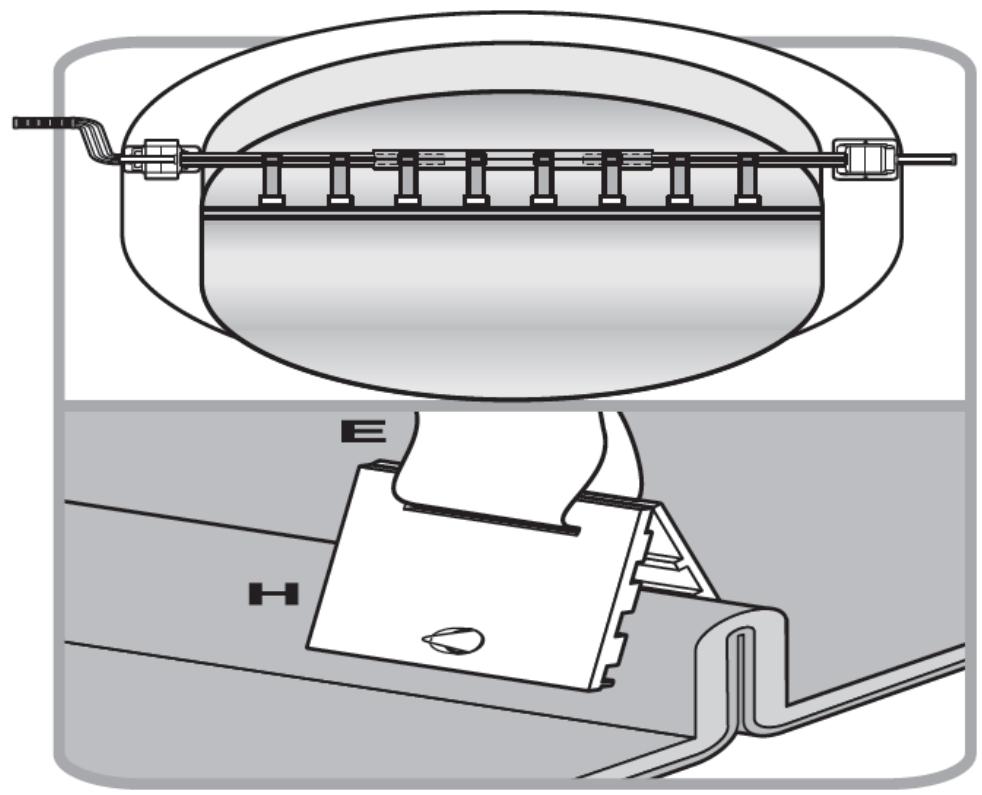 Technical diagram of a mechanical device with labeled parts E and H, showing internal components and wiring (no text or symbols beyond labels)