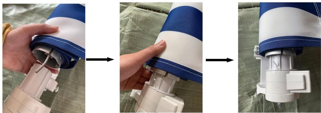 Three-step photo sequence showing hand positioning of a white and blue striped device, no text or symbols visible