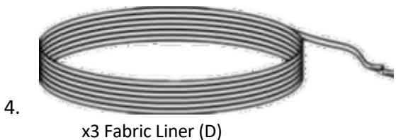 Coiled fabric liner with a coiled cable, labeled 'x3 Fabric Liner (D)' (no other text or symbols)