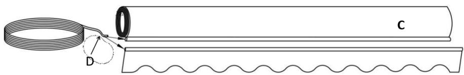 Diagram of a coiled tube with a wire and labeled component C, showing wavy base and loop (no text or symbols)
