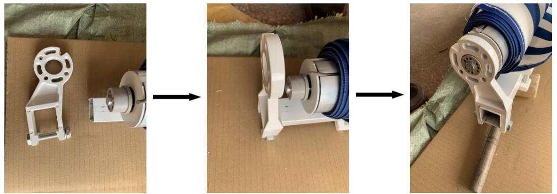 Three-step assembly process showing a mechanical component being processed, with no visible text or symbols.
