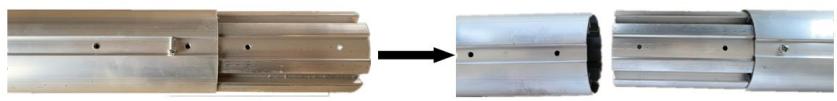 Three views of a metallic cylindrical mechanical component, showing progressive assembly from top to side (no text or symbols visible)