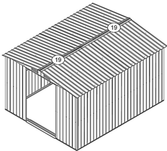 Isometric line drawing of a simple house structure with slatted roof and door (no text or symbols)