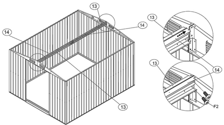 Technical diagram of a modular building with numbered components and close-up views of structural details