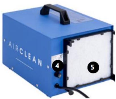 Blue circular air purifier with labeled components (no readable text or symbols beyond labels)