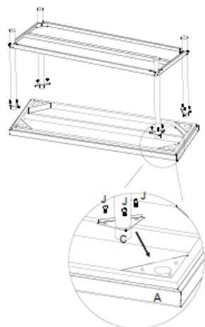 Technical diagram showing a structural frame with labeled components and an inset view of a component with points A, B, C, D, E, F, J, W.