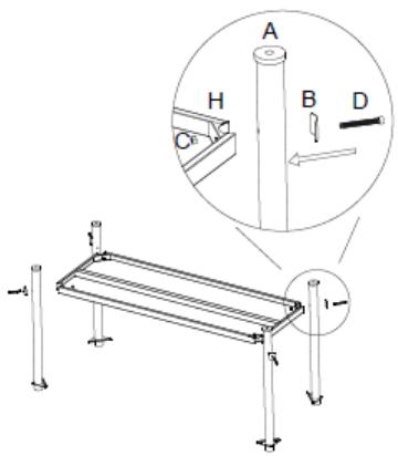 Technical diagram of a structural frame with labeled components and an inset showing a cylindrical component with cross-sections A, B, C, D.