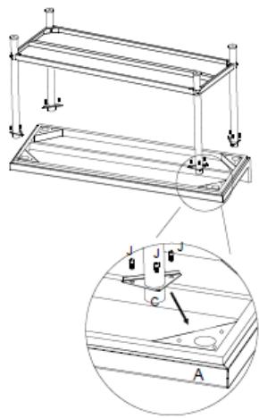 Technical line drawing of a rectangular frame with supports and a magnified inset showing a cutting tool (no text or symbols)