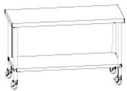 Line drawing of a two-tiered rectangular table with wheels, no text or symbols present