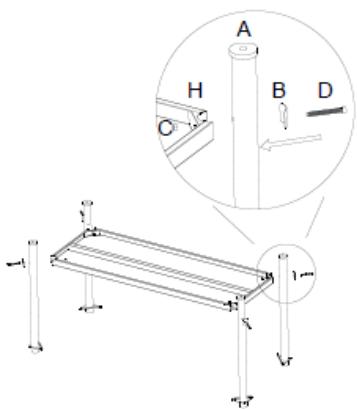 Technical diagram showing a structural frame with labeled components A, B, D, H, and O, including an inset view of a mechanical component.