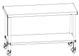 Line drawing of a two-tiered rectangular table with wheels (no text or symbols)