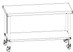 Line drawing of a two-tiered rectangular table with wheels (no text or symbols)