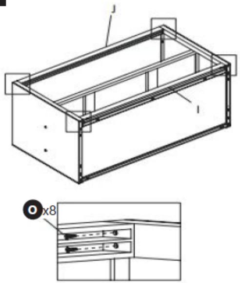 Technical line drawing of a rectangular enclosure with internal partitions and mounting holes, plus an inset showing a close-up view of a cabinet or rack unit (no text or symbols present)