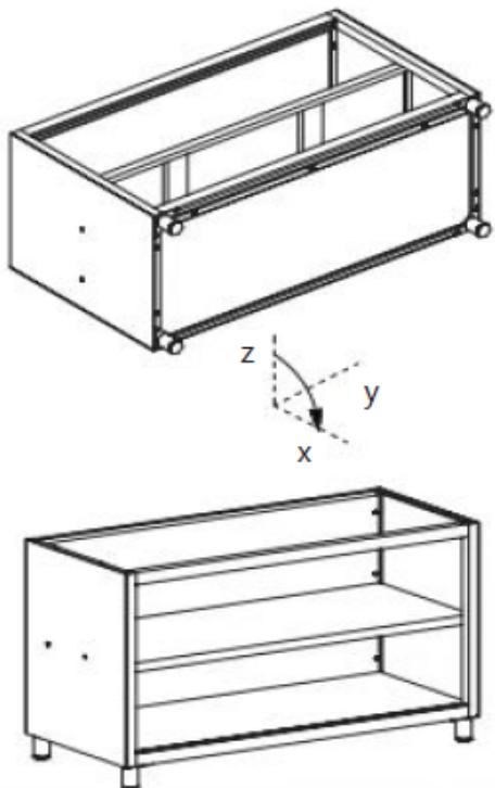 Technical line drawings of a rectangular metal frame with coordinate axes (x, y, z) shown in the views, no text or symbols present.