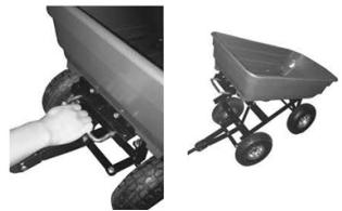 Two grayscale photos showing a hand using a wheeled cart and a flatbed trailer (no text or symbols visible)