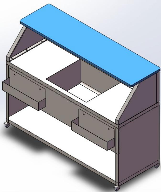 3D technical illustration of a modular furniture or storage unit with blue top and gray compartments (no text or symbols)