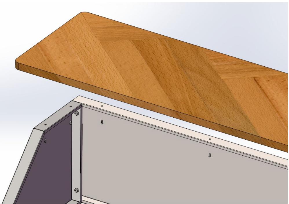 3D rendering of a wooden shelf panel mounted on a wall, showing wood grain and metal panels (no text or symbols)
