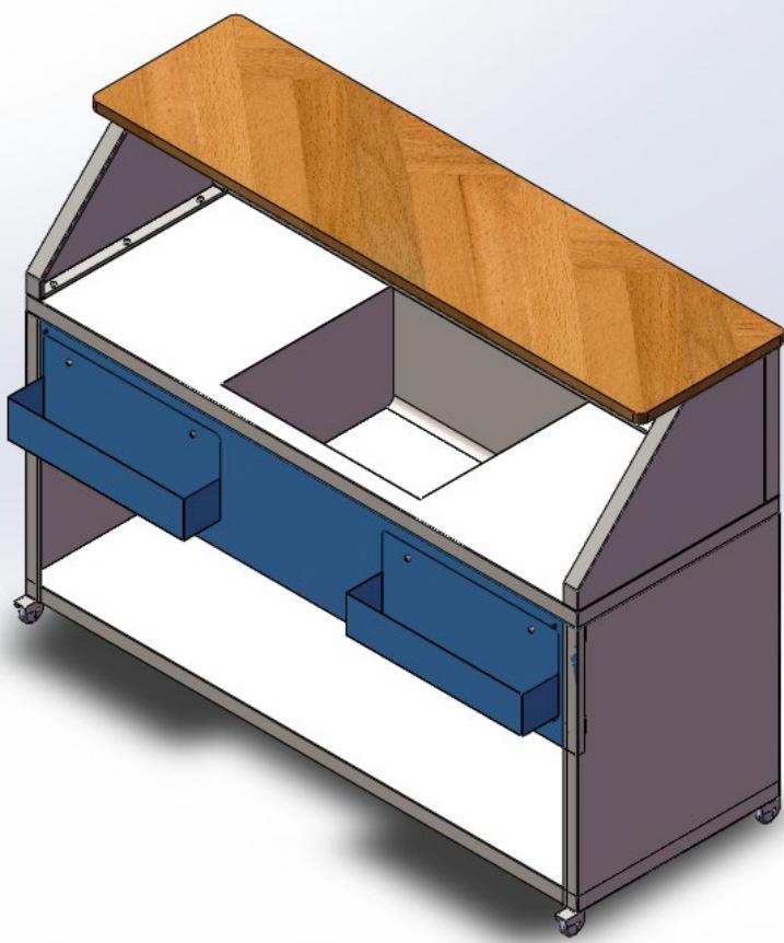 3D technical illustration of a mechanical cabinet with wooden roof and two blue drawers (no text or symbols)