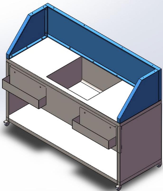 3D CAD rendering of a modular metal frame structure with blue and brown panels, no text or symbols visible