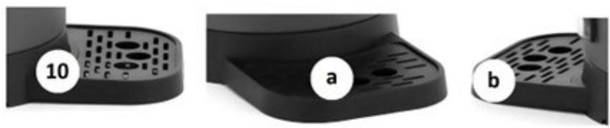 Three black plastic electronic devices with labeled parts (a, b, 10), no visible text or symbols on the devices themselves.