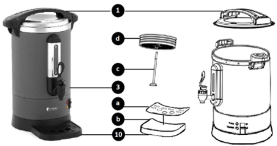 Diagram of a coffee maker with labeled parts including a water heater, lamp, and water heater.