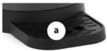 Close-up of a black plastic object with a circular label marked 'a' (no text or symbols on the object itself)