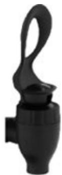 Black plastic mechanical component with a loop handle and central knob (no text or symbols visible)