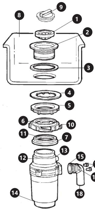 Exploded view diagram of a mechanical device with numbered parts for identification