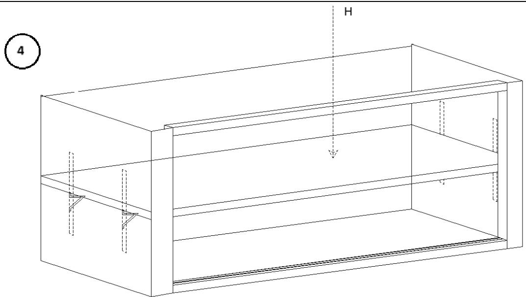 Isometric line drawing of a rectangular container with internal shelves and support structures (no text or symbols)