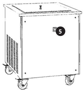 Illustration of a portable industrial machine with wheels and a labeled part (no text or symbols on the device itself)