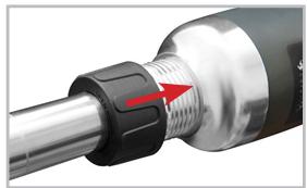 Close-up of a mechanical component with a threaded shaft and black bolt, showing red arrows indicating direction (no text or symbols)