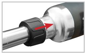 Close-up of a mechanical component with a threaded shaft and black bolt, showing red arrows indicating direction (no text or symbols)