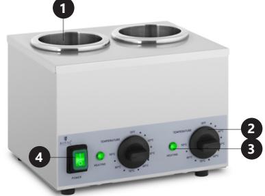 Labeled diagram of a laboratory heating unit with four burners and control knobs, showing numbered components.