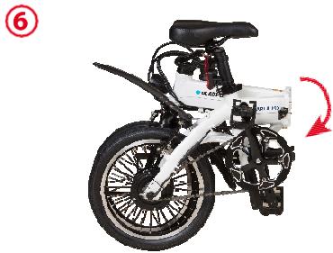 Side view of a white and black foldable bicycle with visible wheels and a red arrow indicating rotation (no text or symbols)