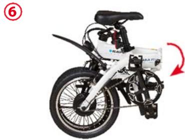 Side view of a white and black bicycle with a blue-and-white body, showing a red curved arrow indicating rotation (no text or symbols visible)